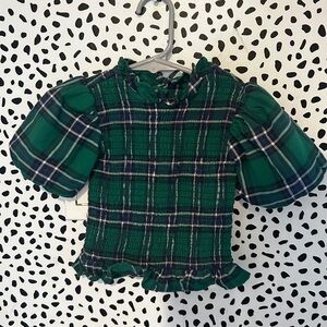 Janie and Jack Tartan Green Plaid Puff Sleeve Shirred Blouse - 18-24 months